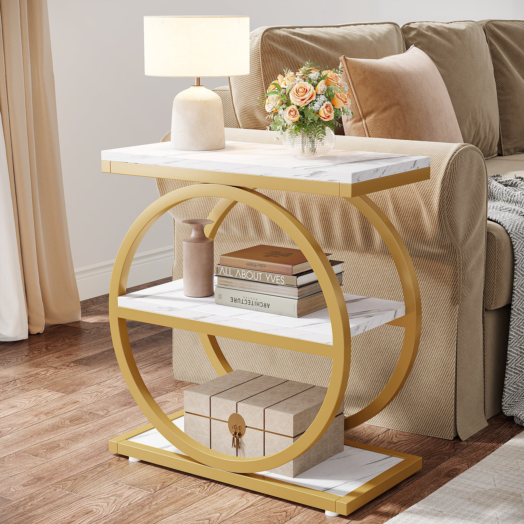Fnova Side Table with Circular Metal Frame, End Table with 3-Tier Shelves for Living Room, White Gold