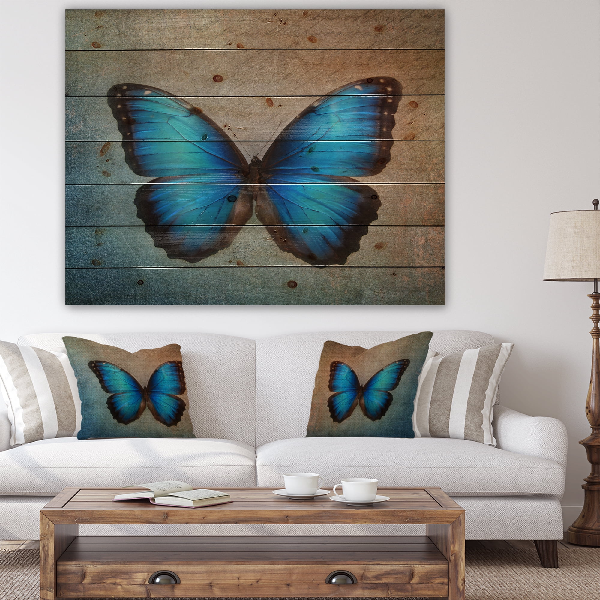 Designart 'Blue Vintage Butterfly' Floral Art Print on Natural Pine Wood