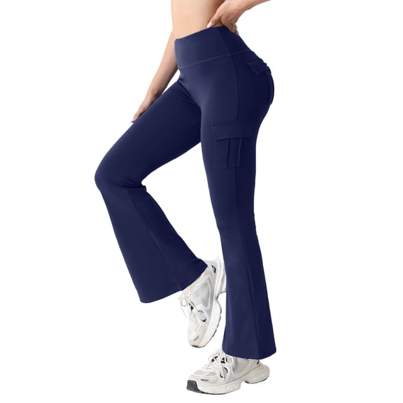 Yoga Flare Leggings for Women High Waisted Yoga Casual Pants Workout Leggings Cargo with Pockets Bootcut Pants Navy L