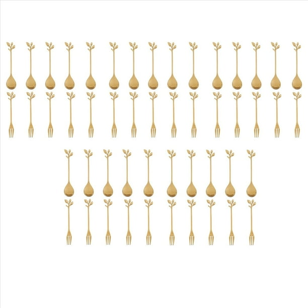 25 Cuchara + 25 Tenedores Hoja de Acero Inoxidable Cuchara para Pastel de Café Tenedor Cucharas para Postre, Juego de Cucharaditas para Remover Dorado