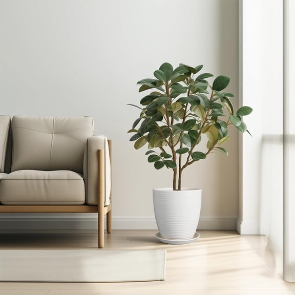 10 Inch Ceramic Planter with Drainage Hole and Saucer - Matte White