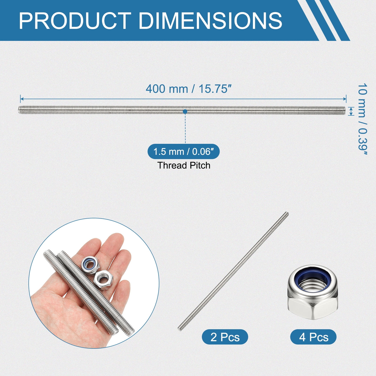 Uxcell Fully Threaded Rod, M10 x 400mm 304 Stainless Steel Right Hand Thread Bar Studs with Nuts, 2 Pcs