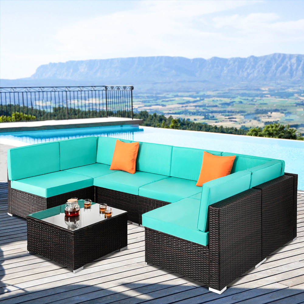 uhomepro 7-Piece Outdoor Furniture, Patio PE Rattan Wicker Sectional Sofa Set with Two Pillows, Coffee Table, All Weather Outdoor Couch, Durable Chat Set for Porch Poolside Balcony, Blue, Q9867 - image 2 of 13