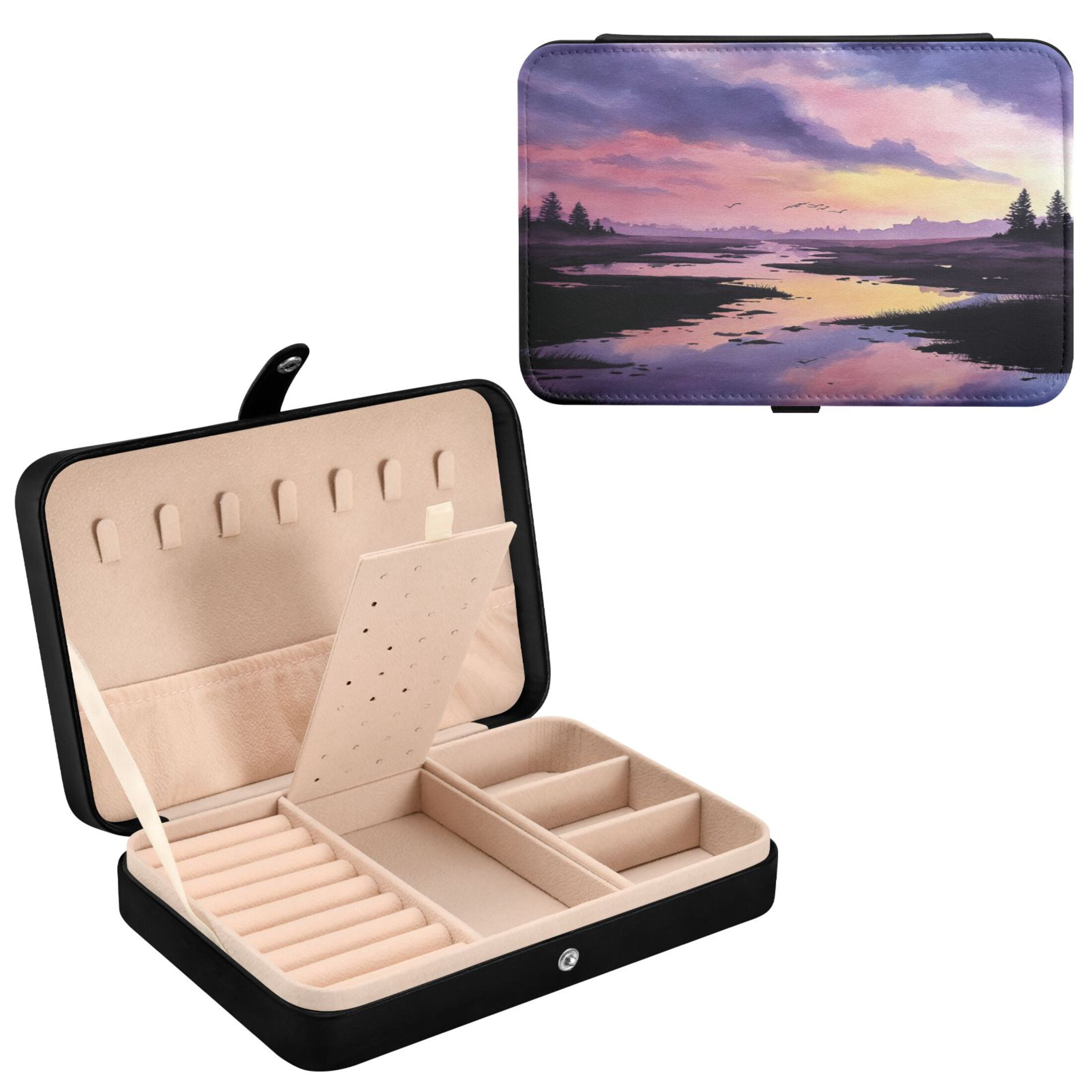 Leather Jewelry Box Rectangular 8.27x5.5x1.78In Travel Jewelry Storage Earrings Necklace Bracelet Watch Brooch Storage Beautiful Sky
