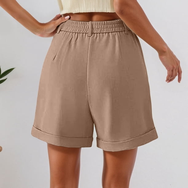 MKLEKYY Pantalones Cortos de Vestir de Cintura Alta para Mujer con Pliegues, Bolsillos Laterales y Espalda Elástica, Cómodos, Transpirables, Informales, para Viajar, Verano, Primavera y Otoño.