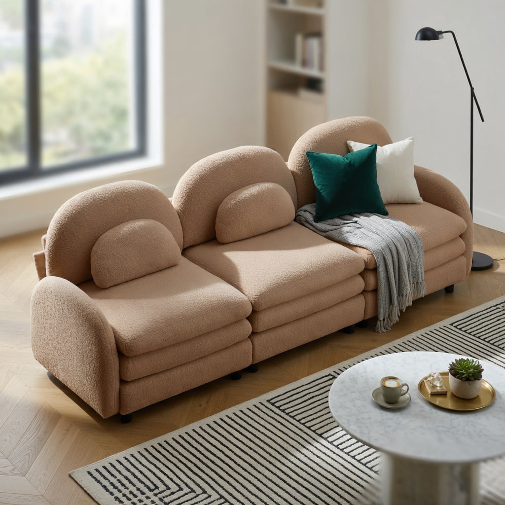 Hommoo Teddy Fleece Modular 3-Seat Sofa, Cloud-Soft Curved Backrest, Double-Layer Cushioning & Lumbar Support, Living Room Couch, Camel