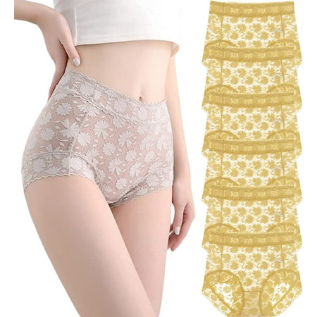 Women s French Ice Silk Lace Belly Panties High Waisted Ladies Briefs Sexy Underwear for Women 6-Pack