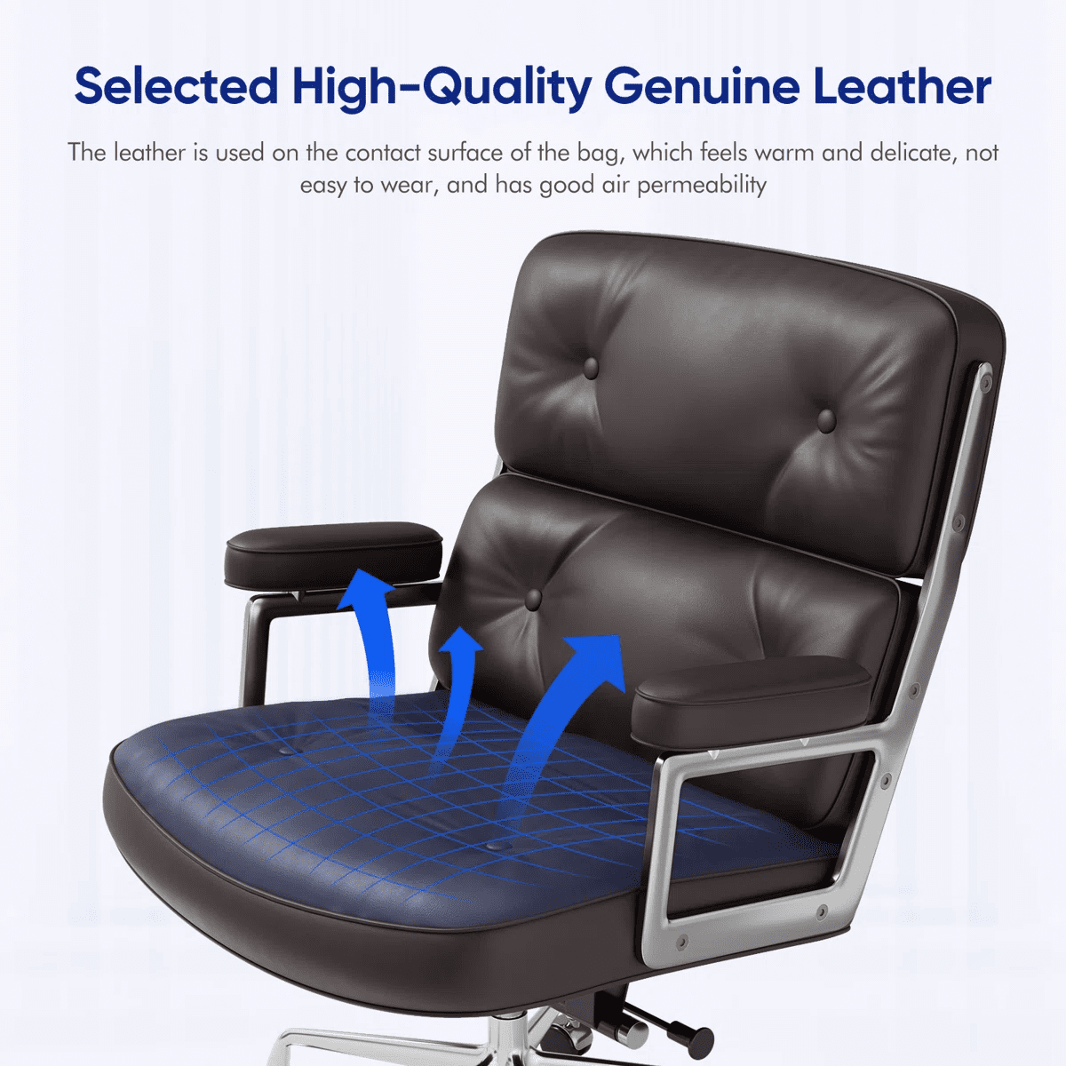Cottinch Mid Back Genuine Leather Office Chair, Executive Desk Chairs with Aluminum Arms & Thickened Backrest, Ergonomic Office Chair Swivel Office Leather Chair with Lumbar Support, Brown