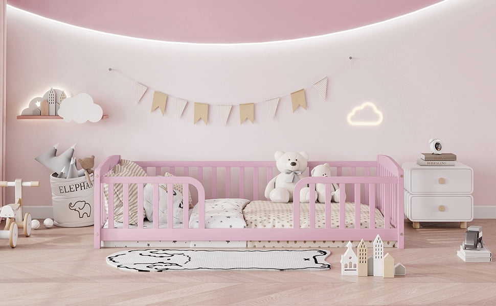 Mintazer Twin Size Toddler Floor Bed with Guardrails & Central Entrance, Pink