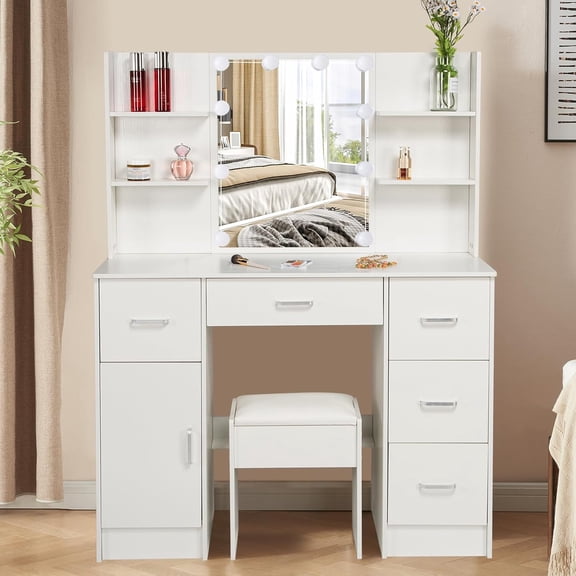 Large Dressing Table 55inches Vanity Set with Mirror and Lights, 6 Drawers 3 Display Shelves Vanity Desk for Storing, Makeup Table with Chair for Girls and Women, White