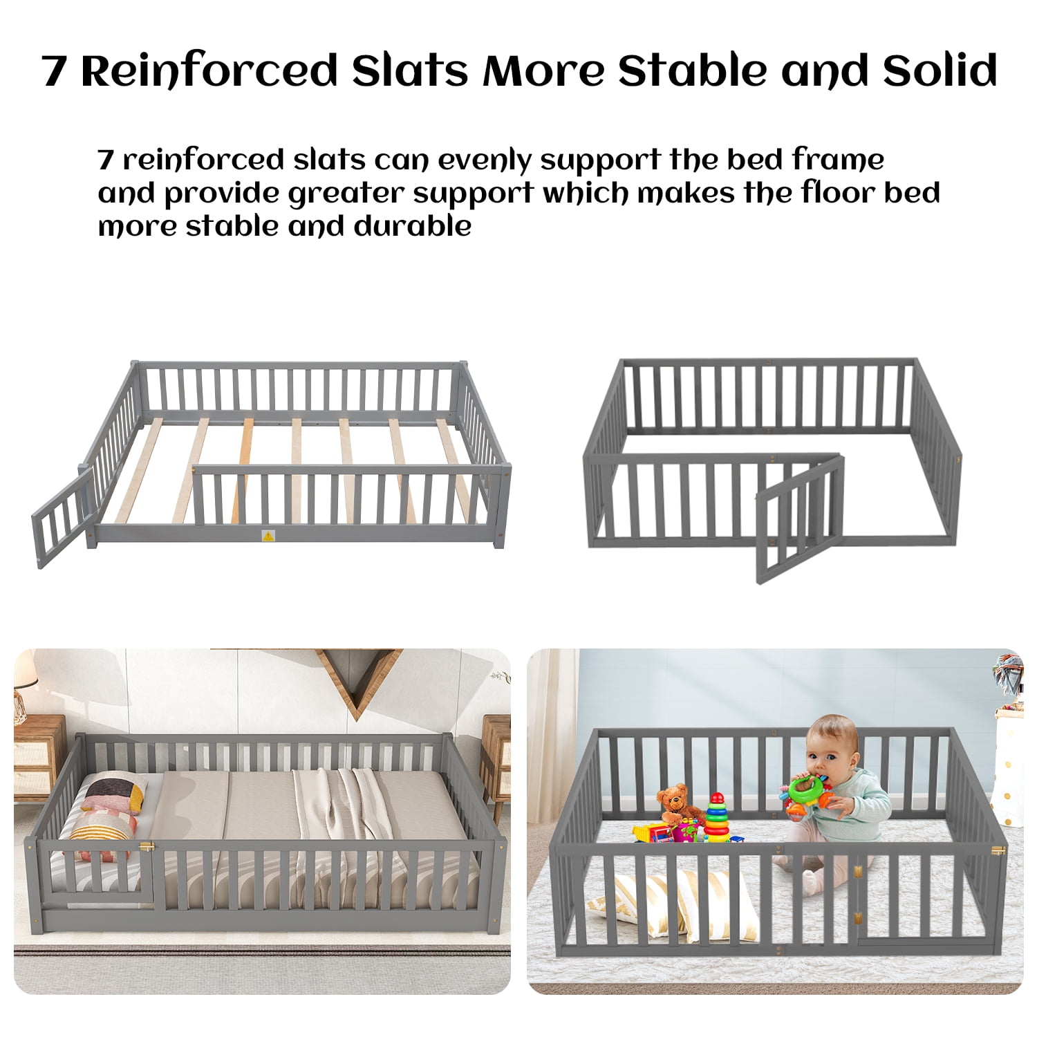 Queen Floor Bed for Children, Sturdy Wood Montessori Bed Frame with Wood Slats, Fence & Door, Montessori Floor Bed for Girls and Boys, Gray