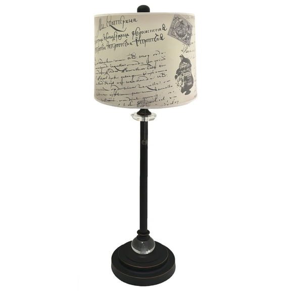 Royal Designs 28" Crystal and Oil Rub Bronze Buffet Lamp with Vintage Letter Caligraphy Design Hard Back Lamp Shade