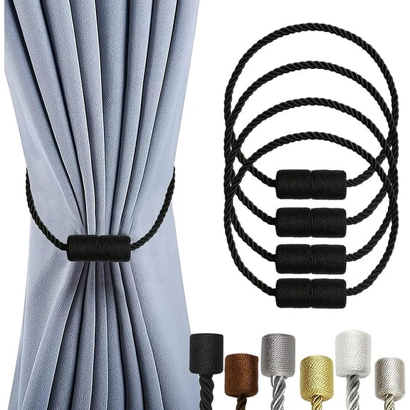 4 Pack Magnetic Curtain Tiebacks Curtain Holdbacks Curtain Ties with Thicker Twist Rope & Strong Magnet Tie Backs for Curtains (Black, 4)