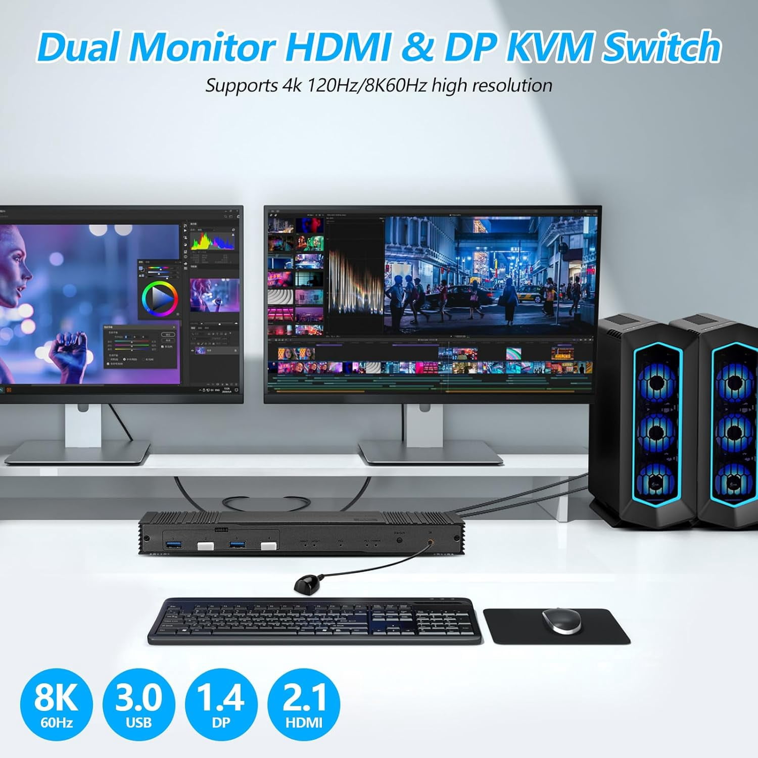 8K Dual HDMI KVM Switch 2 Monitors 2 Computers 8K@60Hz/4K@144Hz,Support 2 Computer Dual Monitors and 4 USB 3.0 Devices,Share Keyboard Mouse Printer with IR Controller