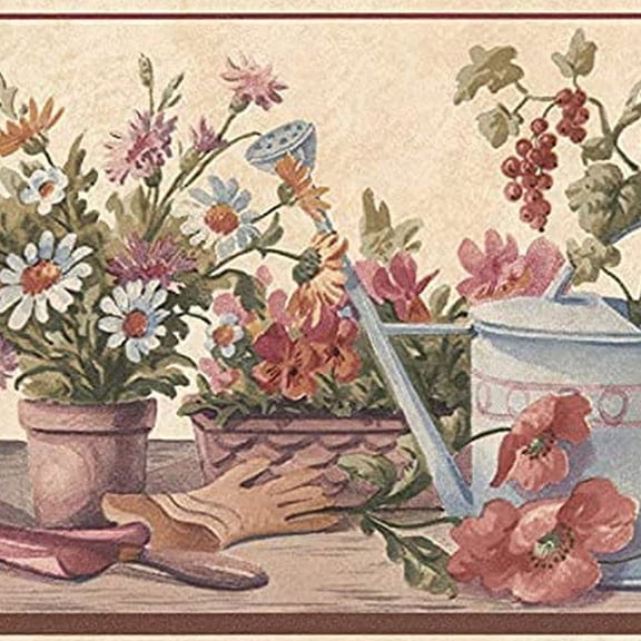 Concord Wallcoverings Wallpaper Border Garden Pattern Flowers Leaves Water Can Basket Ceramic Pots for Cottage Farmhouse, Linen Green Red Blue Brown, 6 Inches by 15 Feet SA105592B