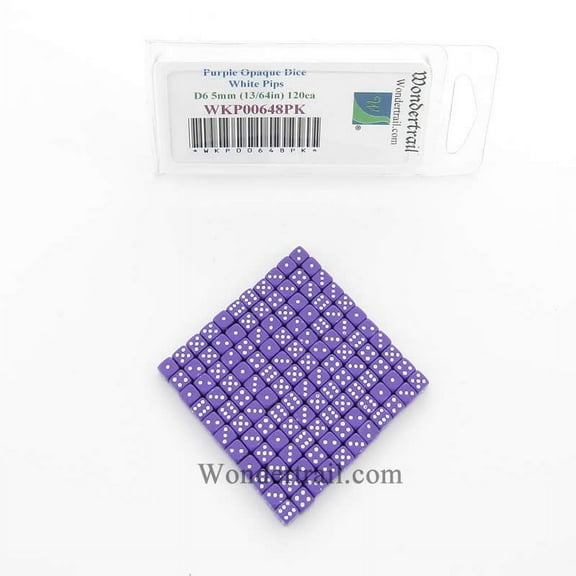 Purple Opaque D6 Dice with White Pips 5mm (13/64in) Pack of 120 Wondertrail