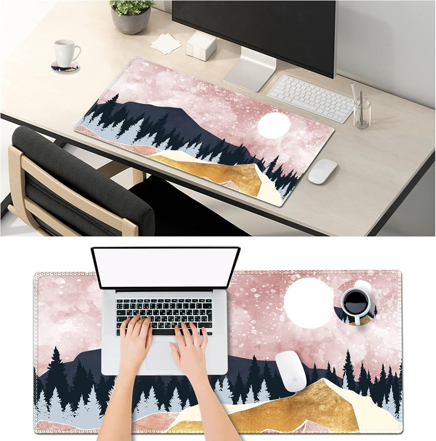 Large Gaming Mouse Pad with Stitched Edges, XXL Extended Keyboard Mat Long Mousepad Desk Decor Writing Pad 35.1x15.7 in, Non-Slip Base for Work, Game, Office, Home, Pink Abstract Mountain