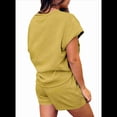 thumbnail image 3 of Women's 2 Piece Solid Color Round Neck Casual Textured Fabric Short Sleeve Pajamas Sweatsuit Set Yellow S, 3 of 7