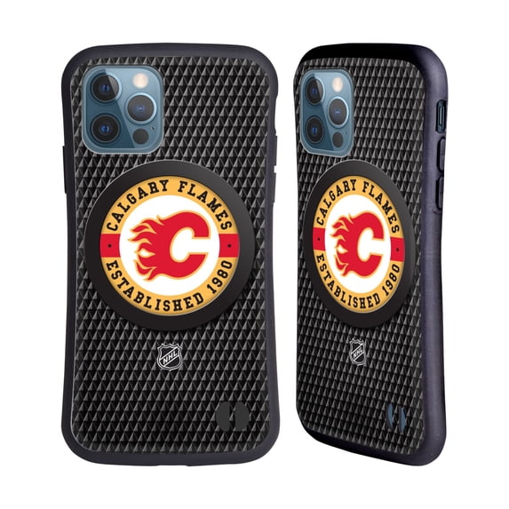 Head Case Designs Officially Licensed NHL Calgary Flames Puck Texture Hybrid Case Compatible with Apple iPhone 12 / iPhone 12 Pro