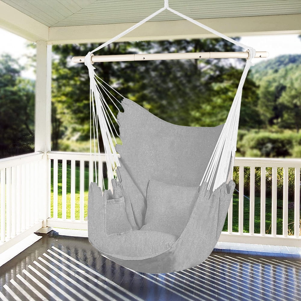 Hammock Chairs, Hanging Rope Swing with Metal Support Bar, Indoor Outdoor Hanging Chairs, Cotton Hanging Swing Chair for Patio Garden, Max 330lbs, Hardware Kit, 2 Seat Cushions, Beige, A3941 - Walmart.com