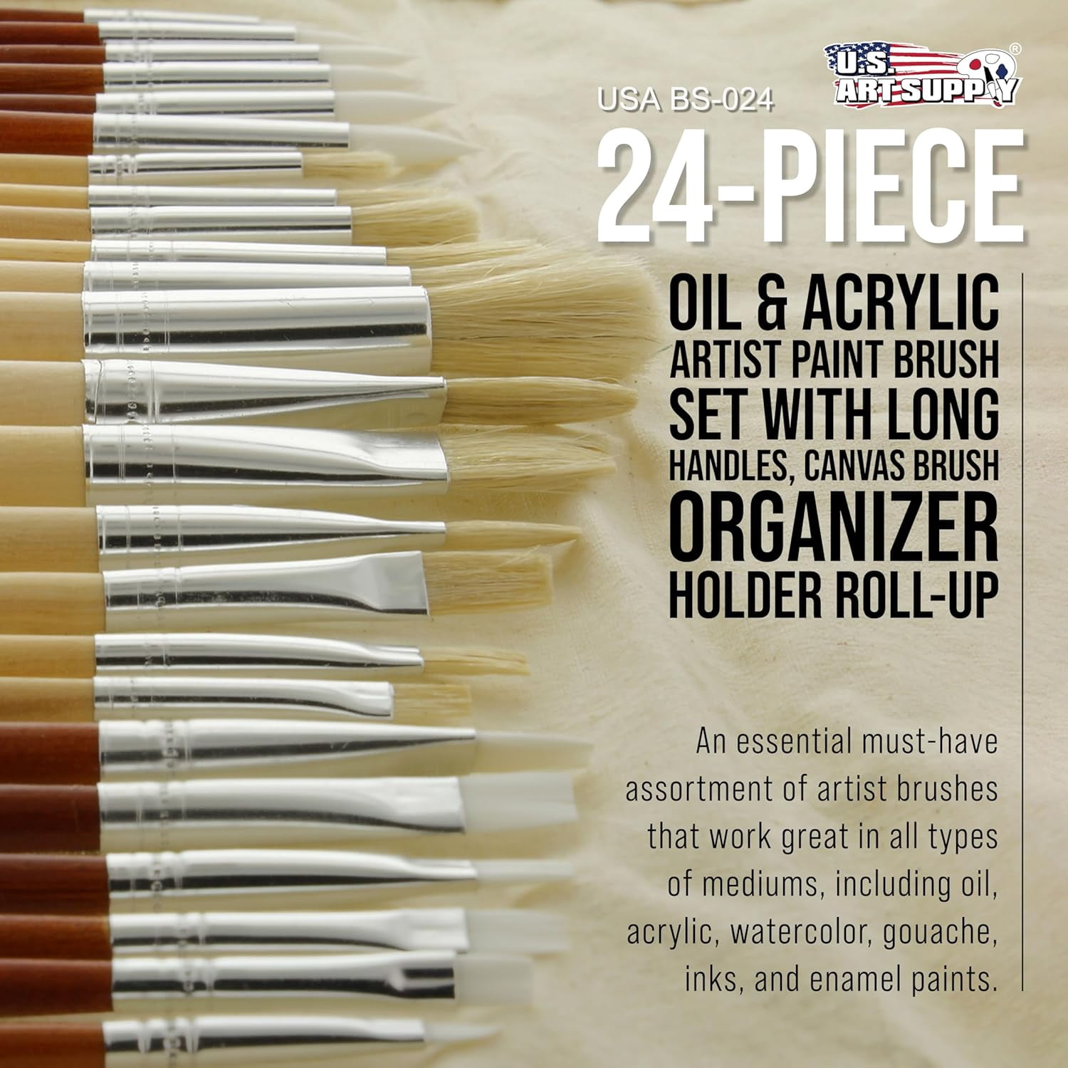 JJEAN-24-Piece Oil & Acrylic Artist Paint Brush Set with Long Handles, Canvas Brush Organizer Holder Roll-Up - Round, Flat Tips, Use for Painting Portraits, Canvas, Paper - Students, Adults