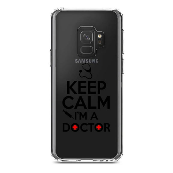 DistinctInk Clear Shockproof Hybrid Case for Samsung Galaxy S9 (5.8" Screen) - TPU Bumper Acrylic Back Tempered Glass Screen Protector - Keep Calm I'm A Doctor