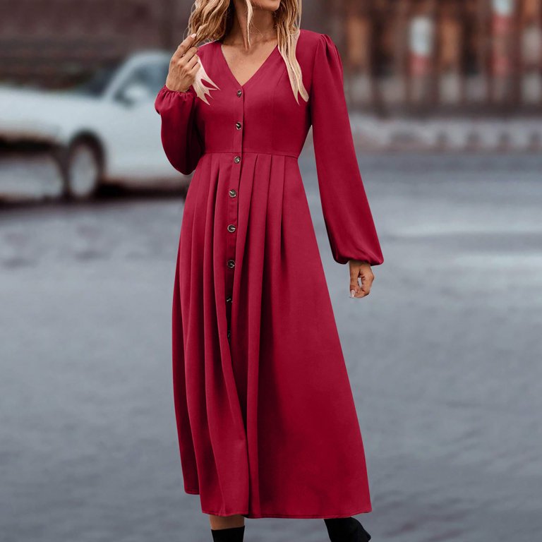 IROINNID Semi Formal Dress for Women Long Sleeve Shirt Dress V-Neck Button Age High Waistband Solid Color Long Dress,Red - Walmart.com IROINNID Semi Formal Dress for Women Long Sleeve Shirt Dress V-Neck Button Age High Waistband Solid Color Long Dress,Red - Walmart.com