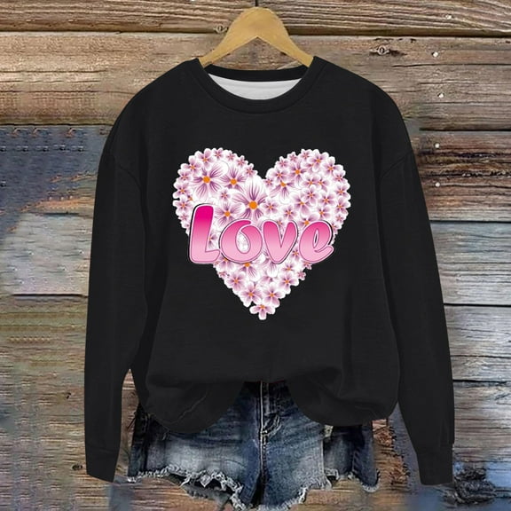 Womens Sweatshirts Plus Size Clearance Valentine's Day Printed Long Sleeve Hoodless Loose Sweatshirt Black 2XL