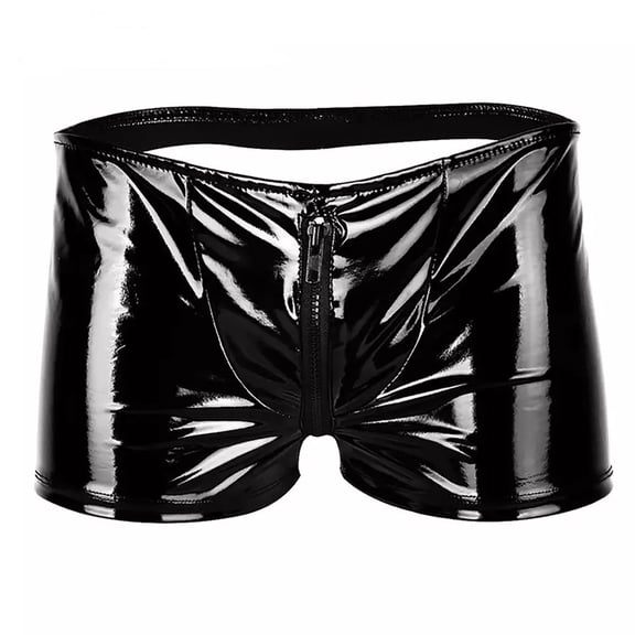 Men Shiny Leather Boxer, Sexy Open Crotch, Glossy PVC Leather, Wetlook Latex Short Pants