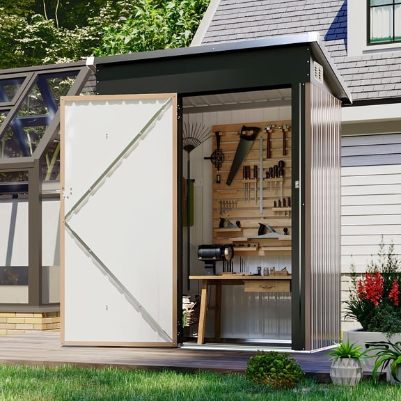 5x3 FT Outdoor Metal Storage Shed - Lockable Iron Tool Shed with Sloping Roof, Water-Resistant for Patio, Backyard & Garden (Brown)