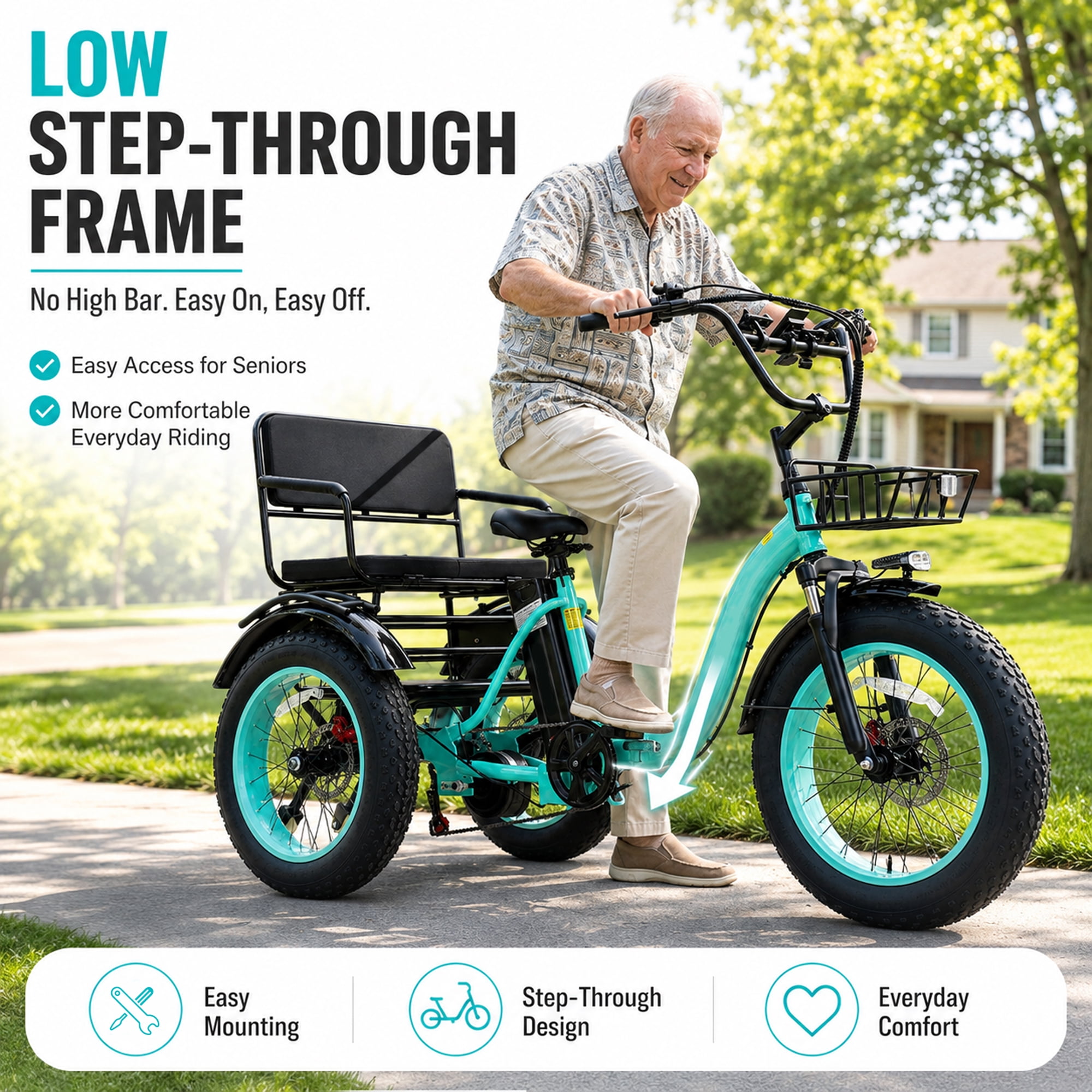 Broobey Pre-assembled 85% Two Seater Electric Tricycle 7 Speed with 48V20Ah Lithium Battery 750W Motor  Electric Tricycle for Adults with Rear Basket Green UL2849