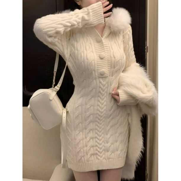 Vestido de punto con capucha para mujer, suéter elegante rojo de Navidad, ropa cálida informal de moda coreana, 2024