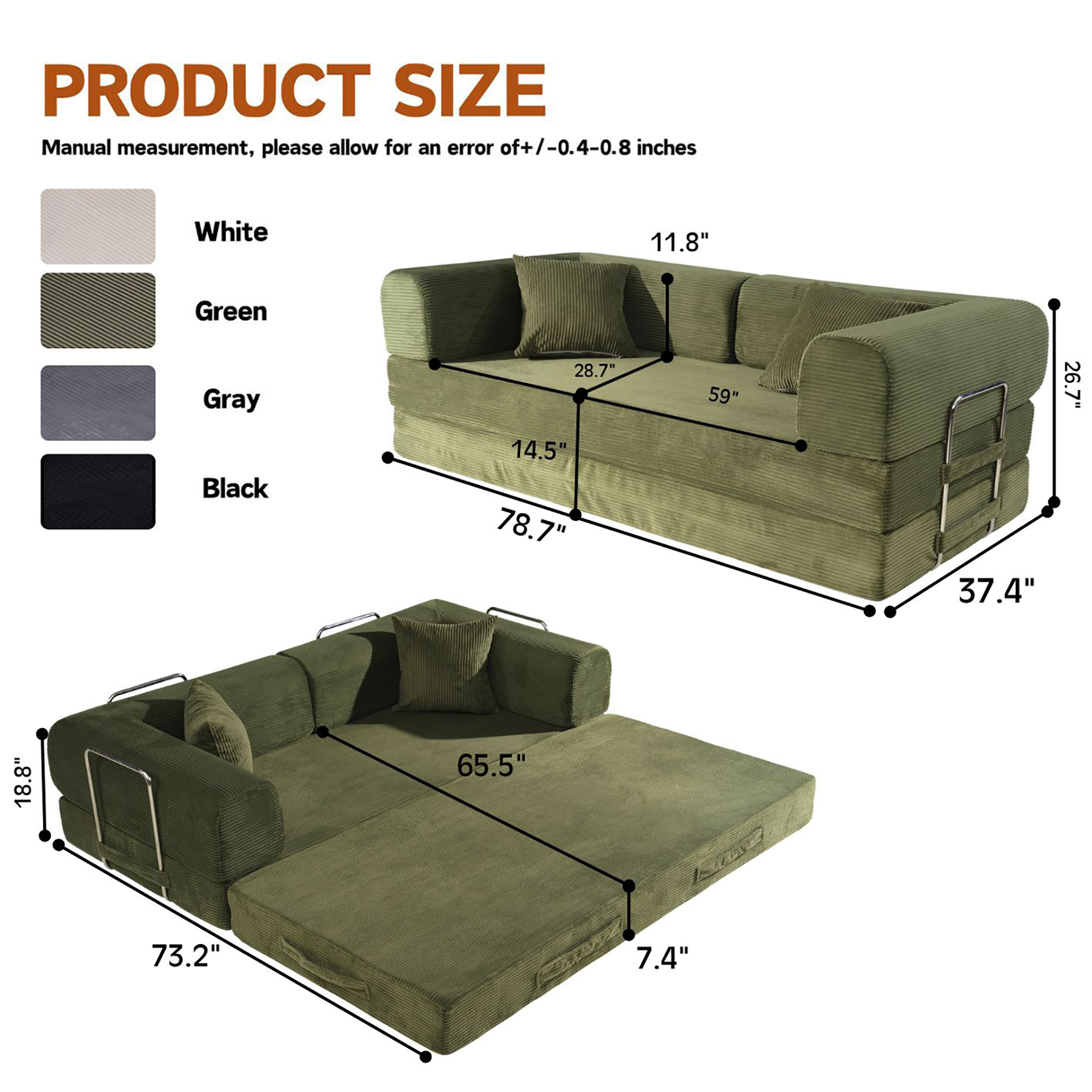 HOQBN Convertible Sofa Bed, Corduroy Fold Out Futon Sleeper Mattress with Pillows, Boneless Folding Floor Couch for Living Room Bedroom Green