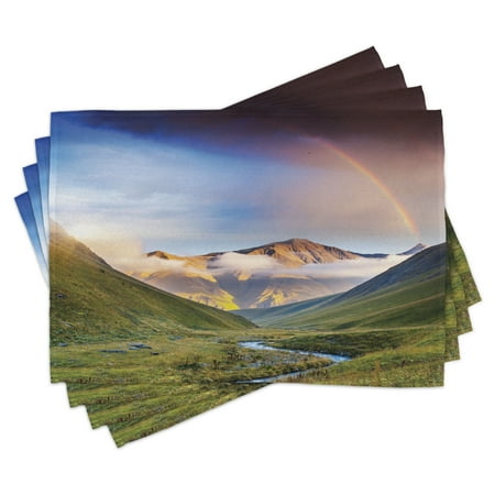 

Landscape Placemats Set of 4 Serene Meadow with Narrow Riverbed Mountains Rainbow Grass Clouds Mist at Daytime Washable Fabric Place Mats for Dining Room Kitchen Table Decor Multicolor by Ambesonne