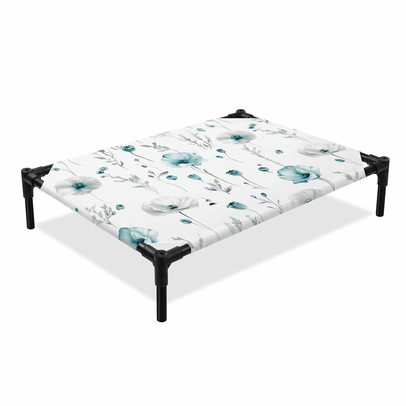 Vintage Elevated Dog Bed Country Farm Cyan Flower Poppy Leaf Cooling Breathable Outdoor Raised Dog Cot Bed with Metal Frame Non-Slip Feet for Large Dog 28x22in