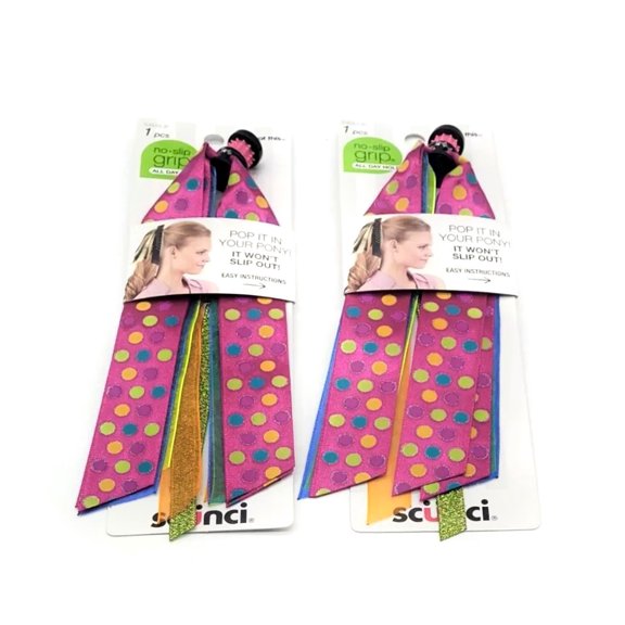 Scunci 2 Pack Pop It In Your Pony Ponytail Ribbon Pink, Lime Green, Polka Dots & Glitter