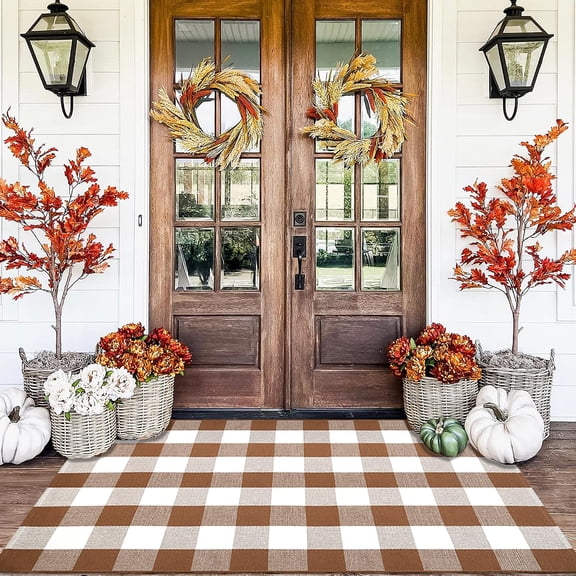 Cotton Woven Outdoor Rug 3 Feet by 5 Feet Coffee and White Plaid Rectangular Area Rug