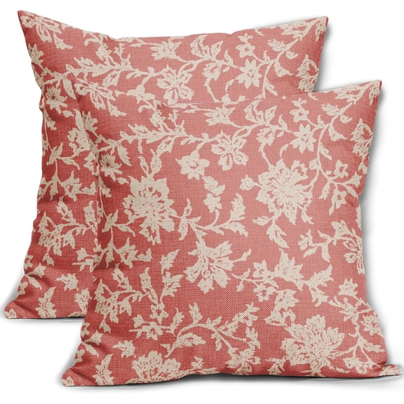 Coral Pink Floral Pillow Covers 18x18 Set of 2 Brown Cream Vintage Flower Block Print Pattern Decorative Throw Pillowcases Outdoor Rustic Farmhouse Square Cushion Cases Decor for Home Couch Sofa Bed