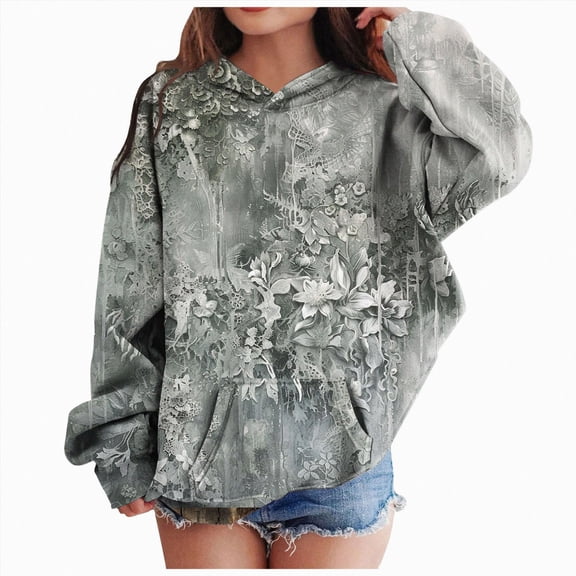Xudanell Camo Hoodie Kids Cute Hoodies Maple Leaf Print Oversized Drop Shoulder Fleece Hooded Sweatshirt Pullover With Pocket (11-12 Years, Grey)