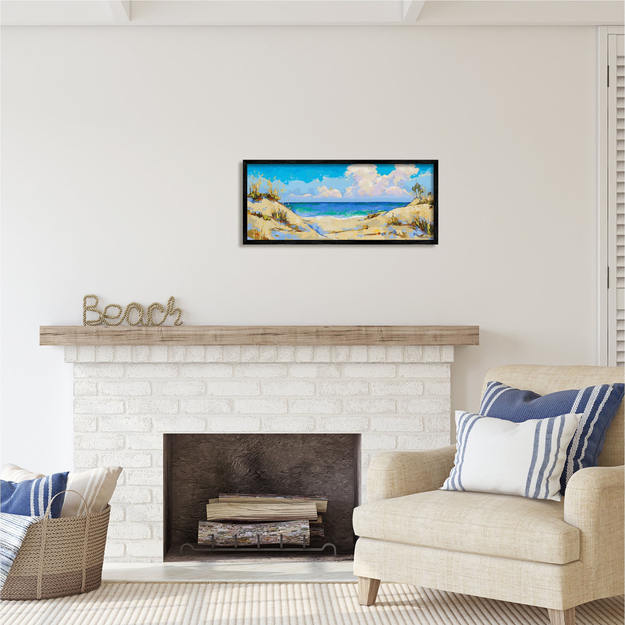 Stupell Industries Cloudy Beach Painting Nature Painting Black Framed Art Print Wall Art, 30 x 13