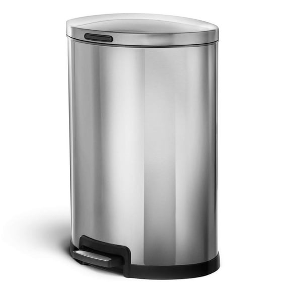 Home Zone Living 12 Gallon Semi-Round Kitchen Trash Can with Soft Close Lid, Step Pedal, Bag Tuck Band, and Removable Liner, Stainless Steel, Silver