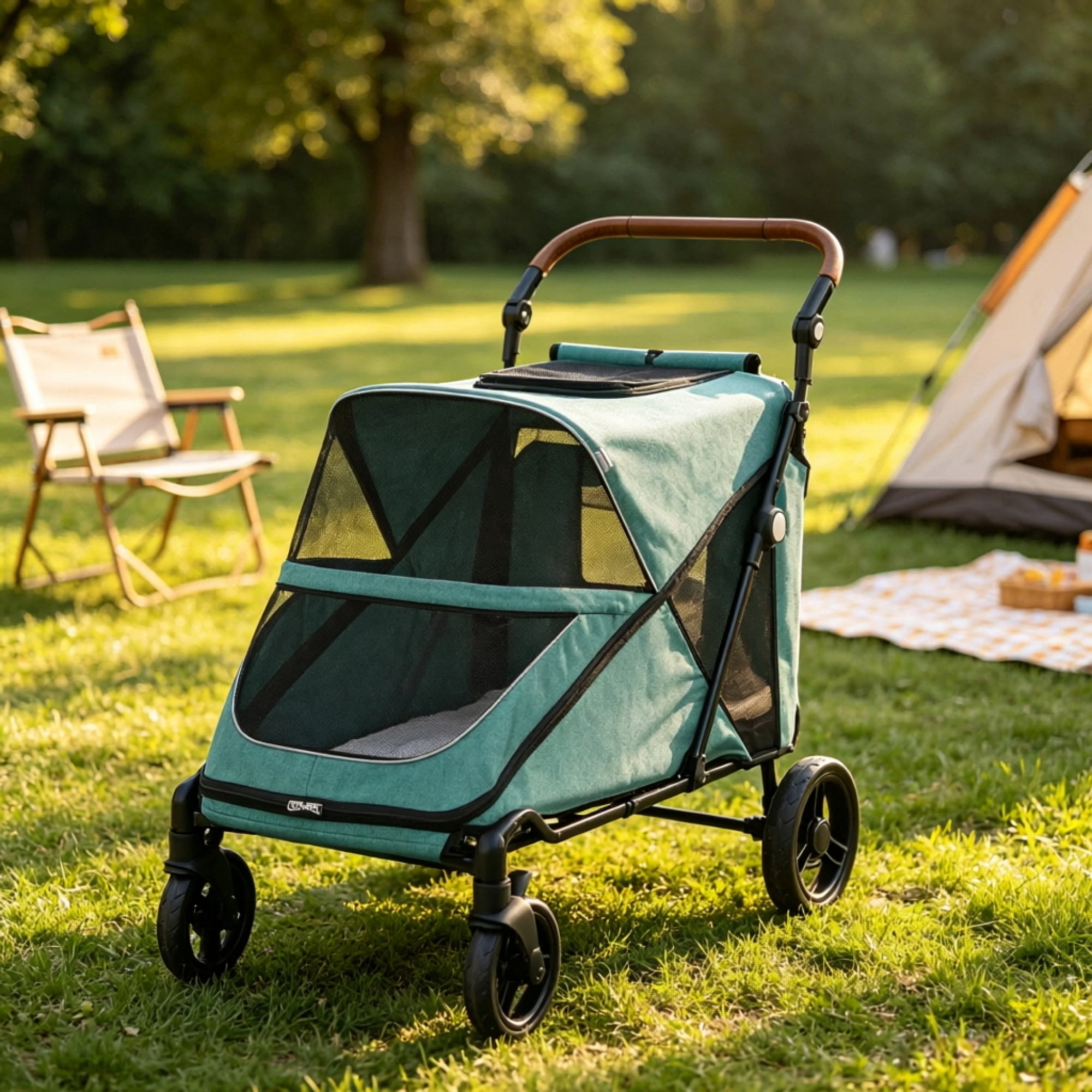 66 LBS Capacity Teal Pet Stroller for Large Dogs, All-Terrain Spring Suspension, 8-Position Adjustable Handle