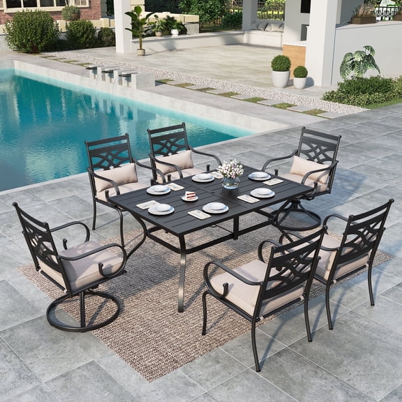 MF Studio 7-Piece Outdoor Patio Dining Set with 4 Pieces Dining Chairs & 2 Pieces Swivel Chairs with Cushions & 1-Piece Slat Metal Table