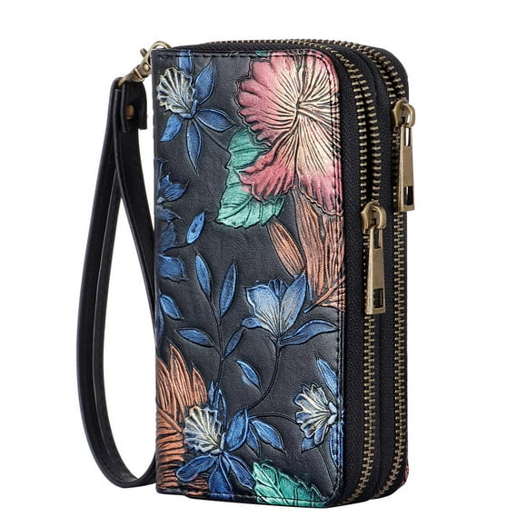 Double Zipper Long Clutch Wallet Cellphone Wallet for Women with Hand Strap for Card, Cash, Coin, Bill (Oil Painting Flowers)