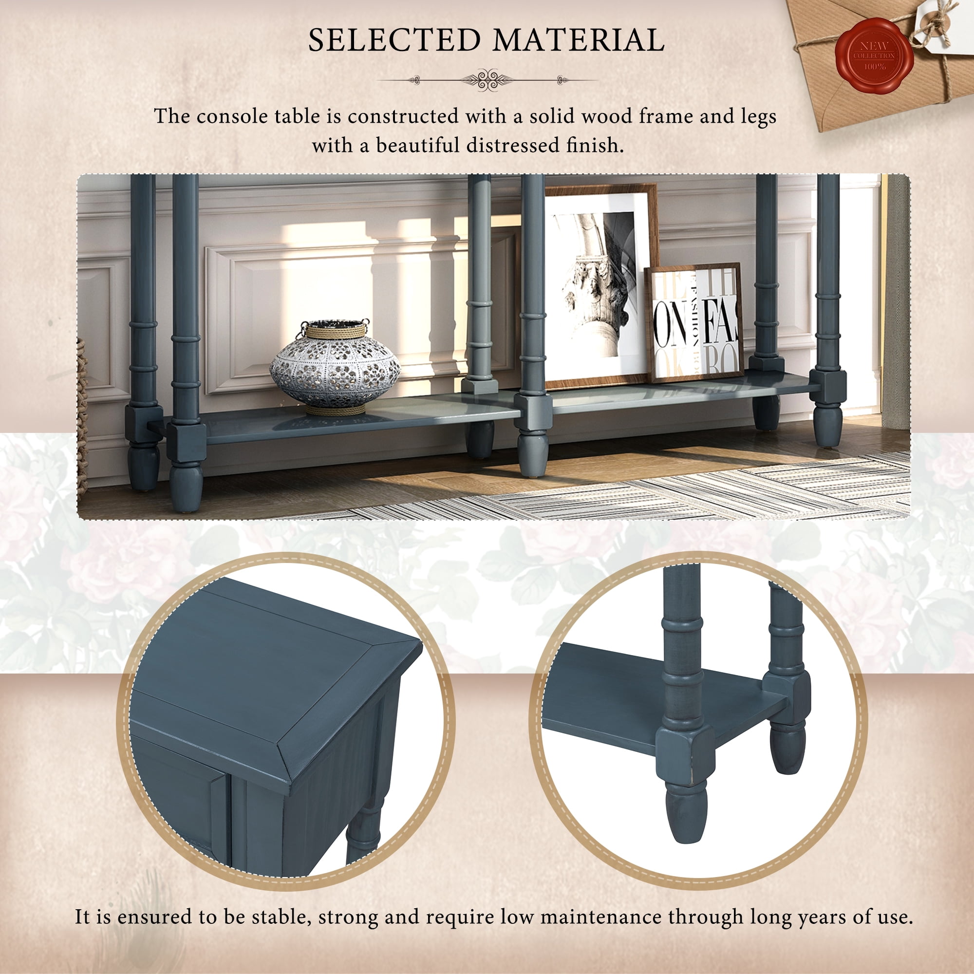 Wooden Console Table with Two Drawers and Bottom Shelf,Antique Entryway Table for Hallway Living Room,Antique Navy