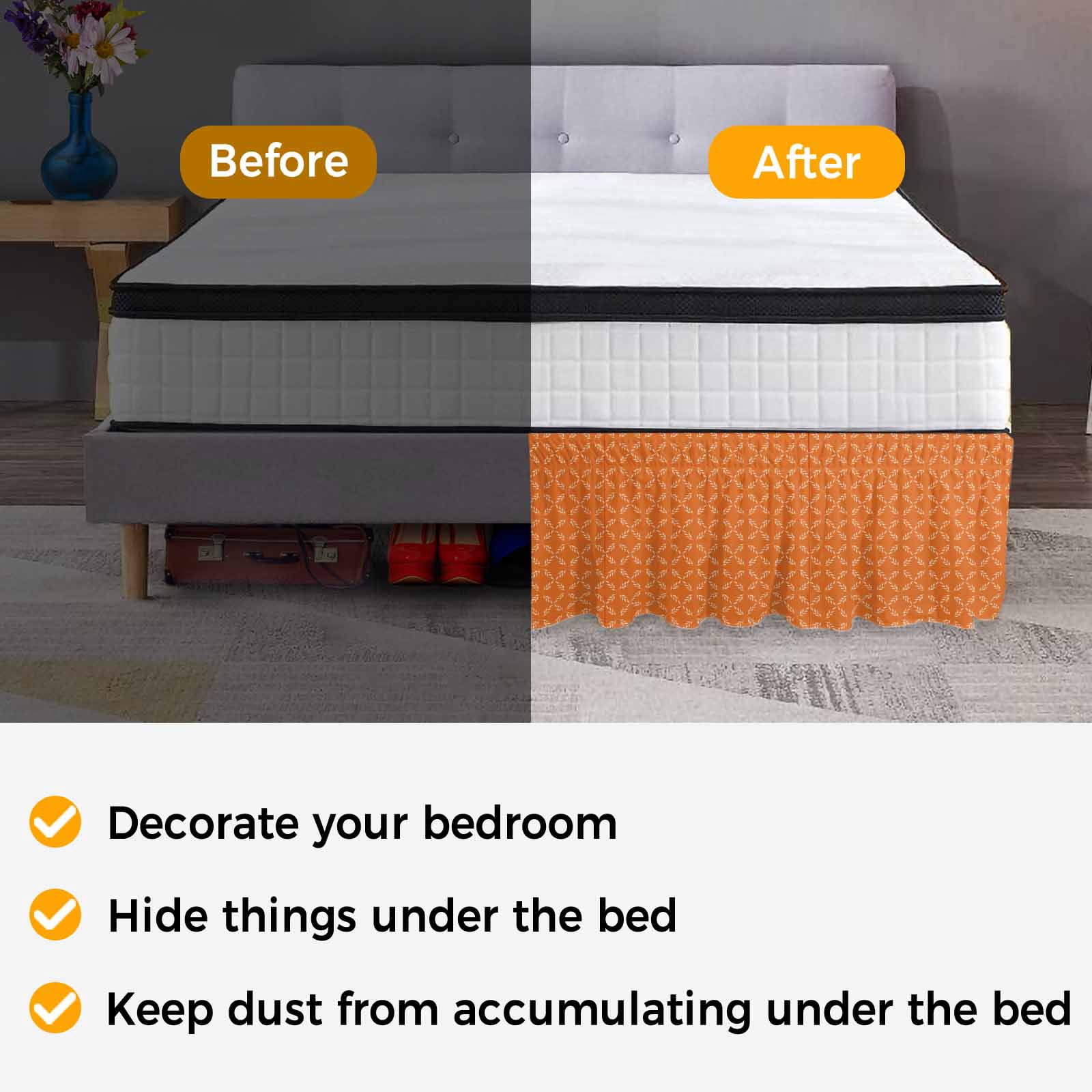 Orange Morocco Bed Skirt Queen Size 16 Inch Drop, Adjustable & Elastic Wrap Around Bed Skirts Pleated Dust Ruffles For Twin Full Queen Cal King Base Beds, Geometric Leaf Diamond Lattice Abstract