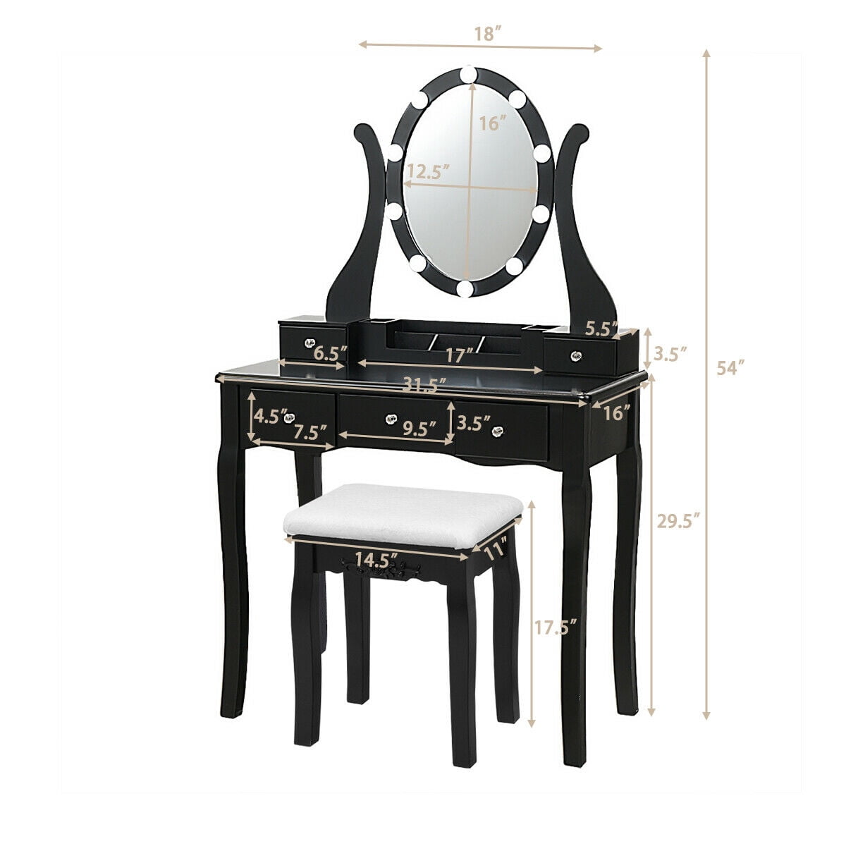 Gymax Vanity Table Set Makeup Dressing Table with10 Light Bulbs and Touch Switch, Black