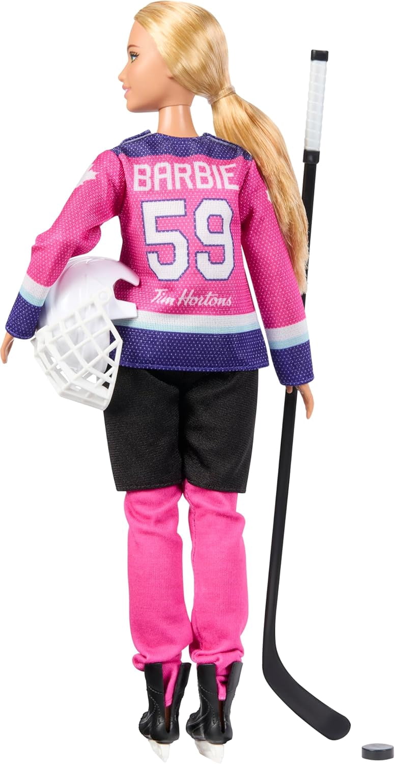 Barbie Tim Hortons PWHL Fashion Doll in Pink, Purple, & Teal Hockey Jersey, Includes Hockey Stick, Puck, and Helmet