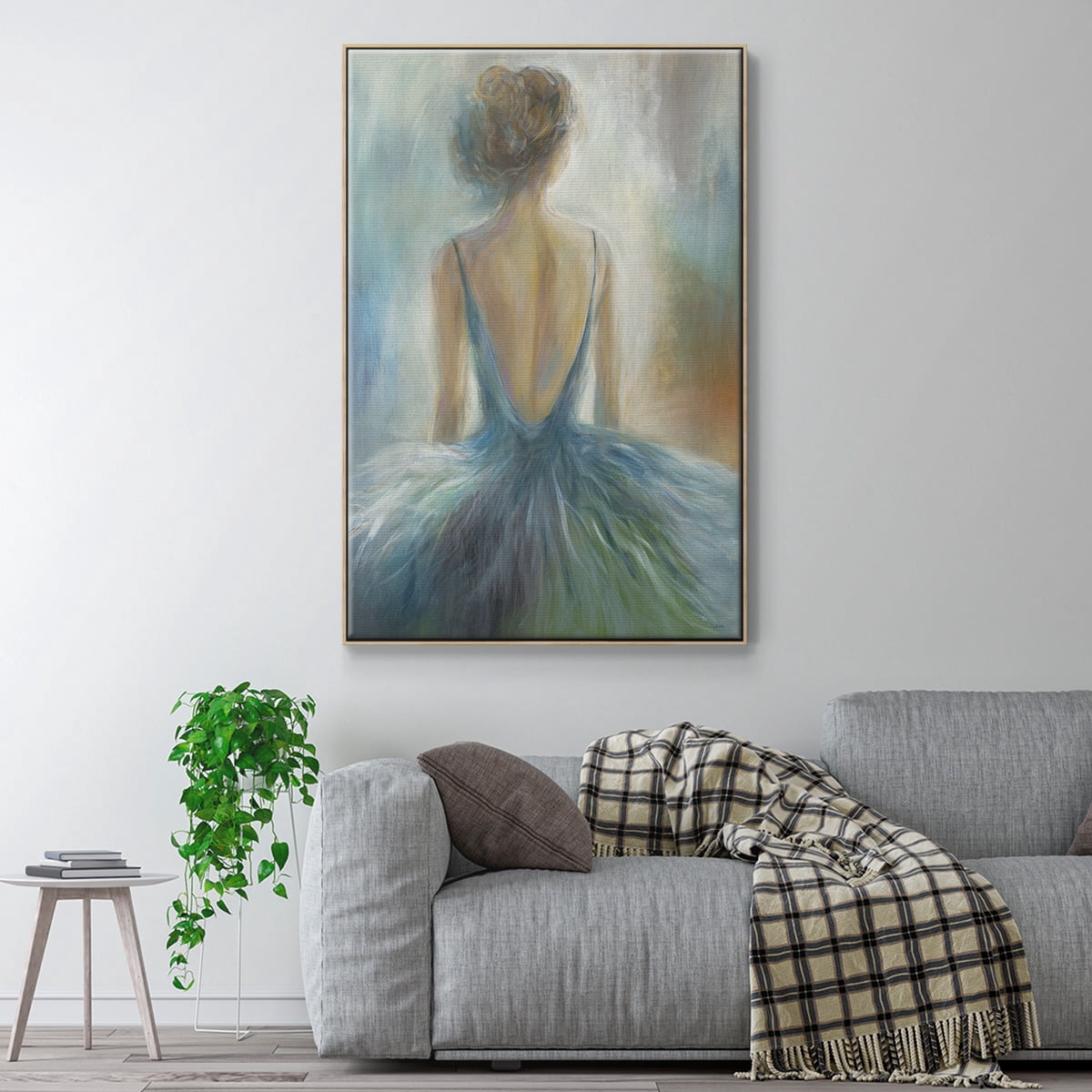 Lady in Blue Framed Premium Gallery Wrapped Canvas - Ready to Hang - 25 x 37 - Natural Wood Floating Frame
