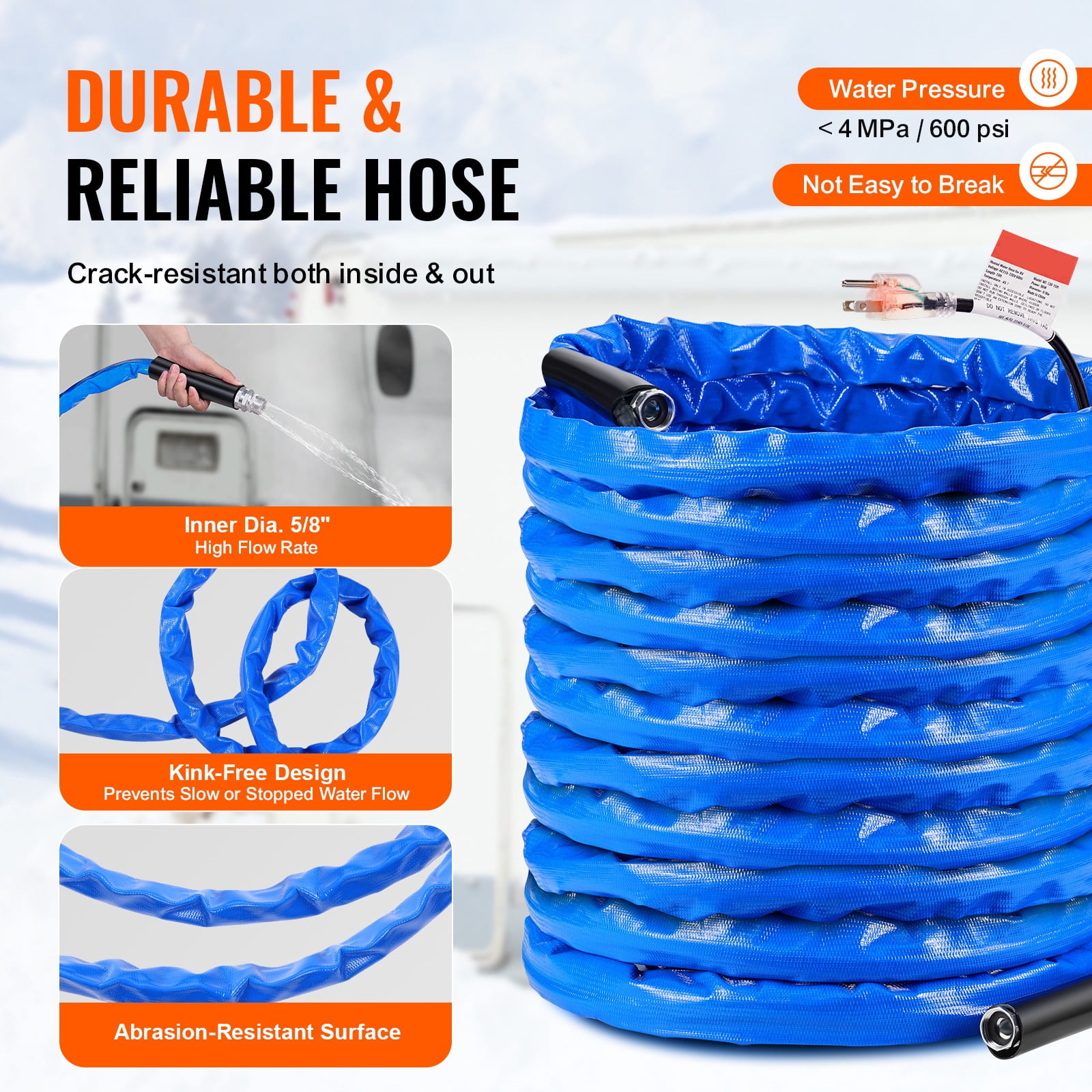 KFFKFF 100ft RV Heated Hose, Corrugated Cover for Freeze Protection to -45°F, Self-regulating, 5/8" Inner Diameter with 3/4" GHT Adapter, Free of Lead and BPA